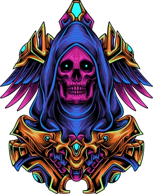 Hình minh họa đầu lâu mặc áo choàng có cánh phong cách cyberpunk màu neon rực rỡ