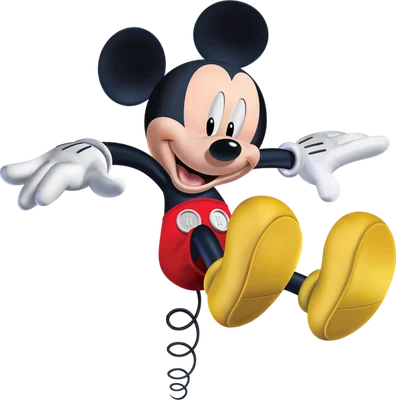 Hình ảnh chuột Mickey hoạt hình đang nhảy múa với nụ cười tươi, mặc quần đỏ, giày vàng và găng tay trắng trên nền xám.