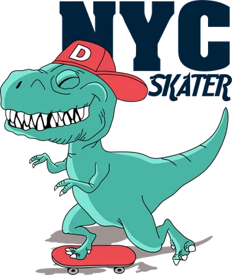 Hình minh họa khủng long T-Rex hoạt hình màu xanh ngọc đội mũ đỏ trượt ván, có chữ NYC SKATER.