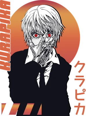 Hình ảnh anime Kurapika với đôi mắt đỏ rực, tay đeo dây xích, che mặt, phong cách nghệ thuật độc đáo.