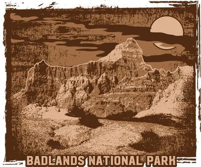Hình in phong cảnh đồi núi Badlands National Park phong cách cổ điển màu nâu