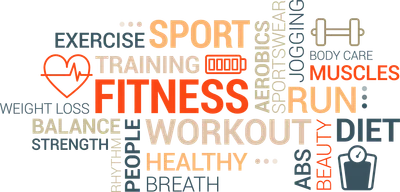 Word cloud với các từ khóa liên quan đến sức khỏe, thể thao, tập luyện như Fitness, Sport, Workout, Healthy, Run, Diet.