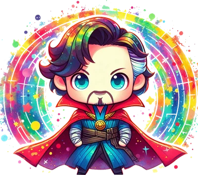 Doctor Strange chibi đáng yêu với áo choàng đỏ và cầu vồng màu sắc