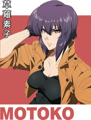 Hình ảnh nhân vật anime Motoko Kusanagi với mái tóc tím, mặc áo khoác cam, nhìn thẳng.