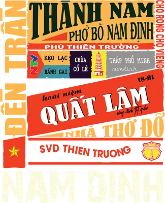 Hình ảnh typography phong cách retro với các địa danh, đặc sản và văn hóa Nam Định như Phở Bò, Chùa Cổ Lễ, Đền Trần.