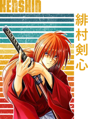 Hình ảnh Kenshin Himura, nhân vật anime với mái tóc đỏ, mặc áo đỏ, cầm kiếm, với nền sọc ngang màu vàng, xanh và cam.