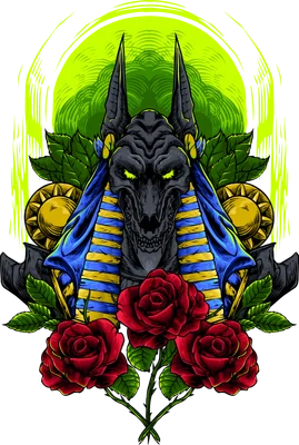 Hình ảnh Anubis đầu chó thần Ai Cập đội khăn choàng xanh vàng, mắt phát sáng, xung quanh có hoa hồng đỏ và lá xanh.
