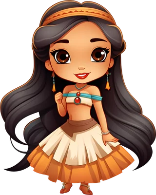 Hình ảnh công chúa Jasmine phiên bản chibi đáng yêu, tóc đen dài, mặc trang phục Ả Rập màu cam và xanh ngọc.