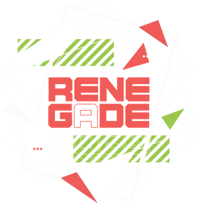 Thiết kế chữ RENEGADE với các hình khối geometric, đường nét trắng và màu đỏ, xanh lá trên nền xám.