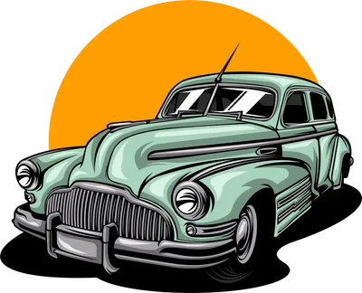 Hình minh họa xe ô tô cổ điển màu xanh mint với phong cách retro, có nền là hình tròn màu cam.