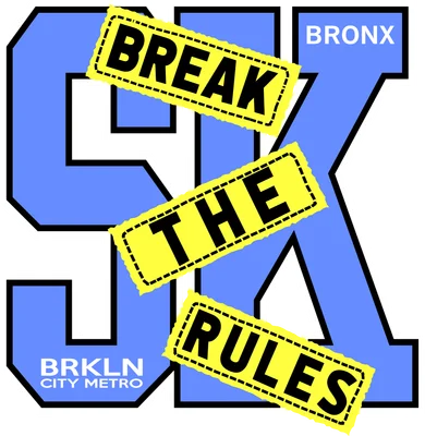 Hình ảnh typography với chữ lớn màu xanh 'BKLYN' và dòng chữ vàng 'BREAK THE RULES' nổi bật trên nền xám, phong cách đường phố.