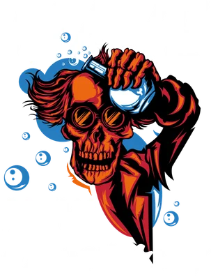 Hình minh họa đầu lâu nhà khoa học đeo kính bảo hộ cầm bình thí nghiệm với dòng chữ Make New Discoveries