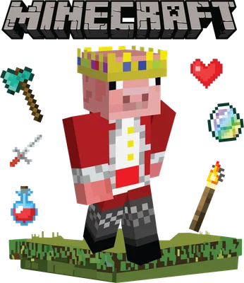 Hình ảnh nhân vật Minecraft đội vương miện, mặc áo đỏ, cầm rìu, cùng các vật phẩm trong game.