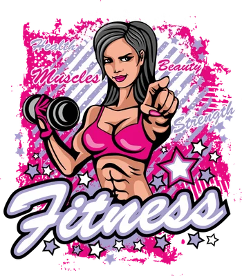 Cô gái tập gym cầm tạ tay phong cách hoạt hình với chữ Fitness nổi bật