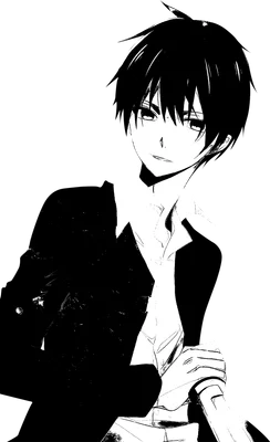 Hình vẽ anime chàng trai mặc vest đen, áo sơ mi trắng, tóc đen, nhìn nghiêng với biểu cảm lạnh lùng.