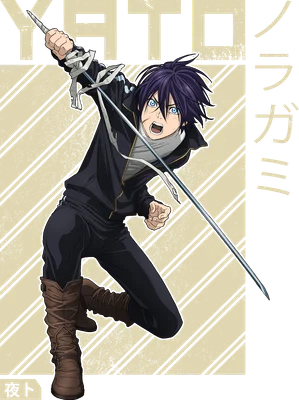 Nhân vật anime Yato trong trang phục đen, cầm kiếm, tư thế chiến đấu.
