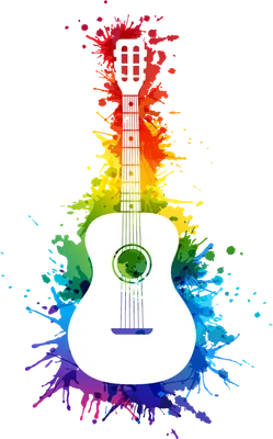 Hình ảnh guitar trắng với hiệu ứng màu nước cầu vồng rực rỡ trên nền xám.