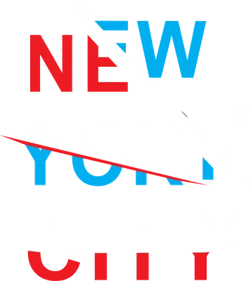 Thiết kế chữ New York City với các màu đỏ, xanh dương và trắng, chia cắt bởi các đường kẻ