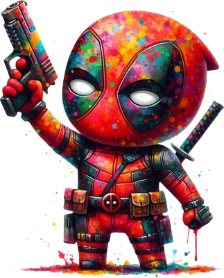 Hình ảnh chibi Deadpool với trang phục đỏ đen, phủ đầy vết sơn màu sắc rực rỡ, đang cầm súng và đeo katana.