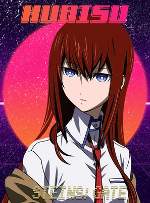Hình ảnh Kurisu Makise từ Steins;Gate với mái tóc nâu dài, mắt xanh, mặc áo sơ mi trắng và cà vạt đỏ, trên nền retro synthwave.