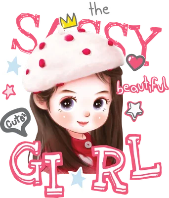 Hình ảnh minh họa cô bé hoạt hình dễ thương đội mũ beret, có chữ 'Cute', 'the sassy beautiful girl'