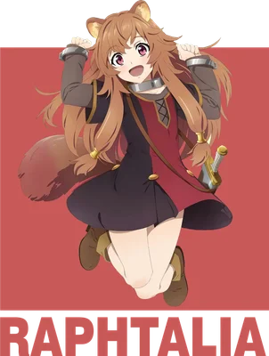 Hình ảnh Raphtalia, nhân vật anime với tai và đuôi cáo, đang nhảy múa vui vẻ trên nền đỏ và xám.