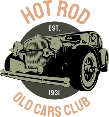 Hình minh họa xe Hot Rod cổ điển màu đen và xanh lá cây nhạt với chữ 'HOT ROD EST. 1931 OLD CARS CLUB' trên nền xám.
