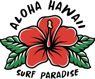 Hình minh họa hoa dâm bụt đỏ rực rỡ với lá xanh, chữ 'ALOHA HAWAII' và 'SURF PARADISE' trên nền xám.