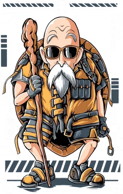 Hình vẽ Master Roshi (Rùa tiên) trong trang phục phong cách cyberpunk, đeo kính râm, cầm gậy, với các chi tiết máy móc và biểu tượng rồng.