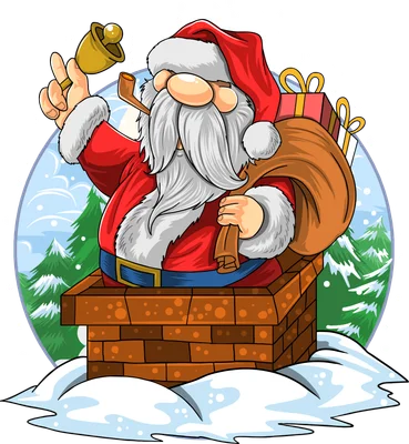 Hình vẽ Ông Già Noel đội mũ đỏ, râu trắng, tay cầm chuông và tẩu thuốc, ngồi trong ống khói gạch, mang túi quà.