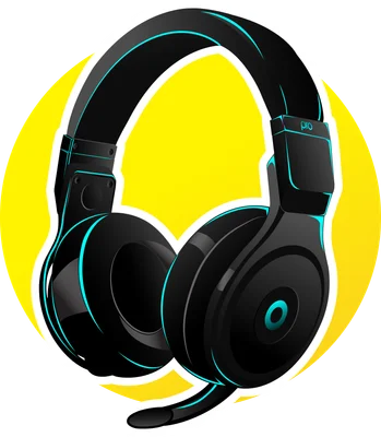 Hình ảnh tai nghe gaming màu đen với viền neon xanh dương, trên nền vàng và xám.