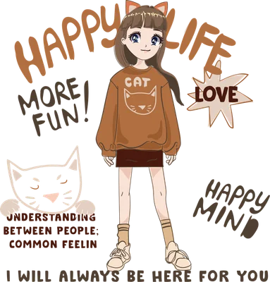 Hình vẽ cô gái anime đội tai mèo, mặc áo sweater in hình mèo, chân váy nâu, đi giày thể thao.