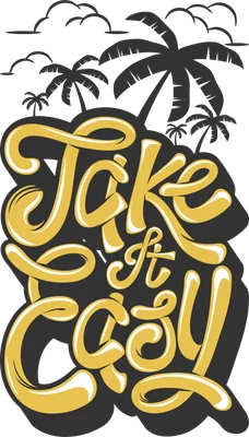 Hình ảnh chữ Take It Easy màu vàng nổi bật với hiệu ứng 3D, nền có bóng cây cọ và mây, phong cách nhiệt đới.