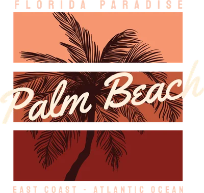 Thiết kế hình in cây cọ Palm Beach phong cách retro với tông màu cam đỏ trên nền xám