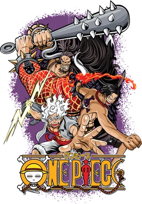 Hình ảnh minh họa các nhân vật One Piece: Monkey D. Luffy, Kaido và Portgas D. Ace trong tư thế chiến đấu.