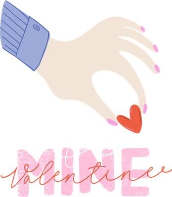 Hình minh họa bàn tay cầm trái tim đỏ với chữ 'Be Mine Valentine' trên nền xám.