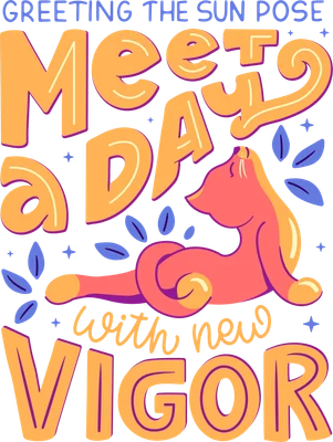 Hình minh họa một con vật màu cam hồng đang vươn vai, kèm chữ "MEET A DAY with new VIGOR" trên nền xám. Phong cách hoạt hình, tươi vui.
