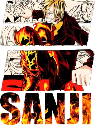 Hình ảnh nhân vật Sanji từ One Piece với mái tóc vàng, đeo băng bịt mắt, mặc vest đen và cà vạt đỏ, bao quanh bởi ngọn lửa.
