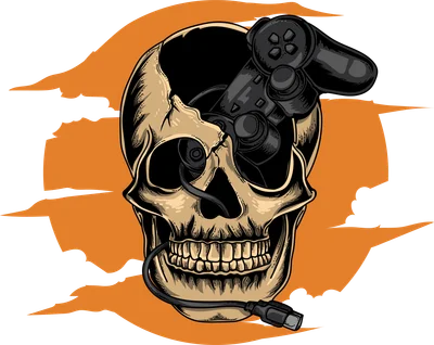 Hình minh họa đầu lâu người với tay cầm chơi game bên trong, phong cách đồ họa gaming ấn tượng