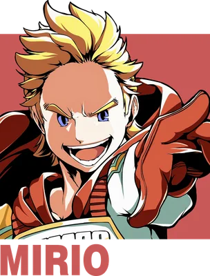 Hình ảnh Mirio Togata, nhân vật anime với mái tóc vàng, trang phục anh hùng màu đỏ và xanh lá, đang cười tươi.