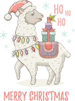Hình ảnh minh họa Llama đội mũ ông già Noel, đeo dây đèn trang trí và chở các hộp quà, kèm chữ 'Merry Christmas'