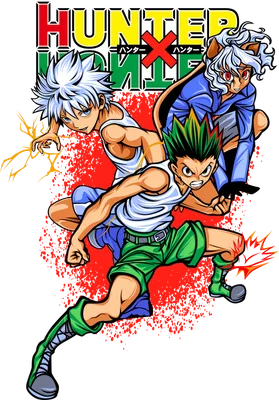 Hình ảnh ba nhân vật anime Hunter x Hunter: Gon, Killua và Neferpitou trong tư thế hành động.