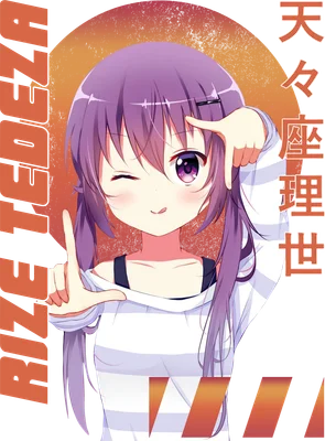 Hình ảnh cô gái anime tóc tím dài, mặc áo sọc ngang, đang nháy mắt và tạo dáng tay chữ L.