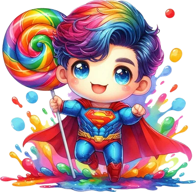 Hình ảnh chibi Superman tóc cầu vồng, mắt to tròn, mặc trang phục xanh đỏ, cầm kẹo mút xoắn ốc khổng lồ, xung quanh có vệt màu sắc.