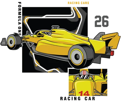 Hình ảnh minh họa xe đua F1 màu vàng với các chi tiết đồ họa, số 26 và chữ 'Racer'