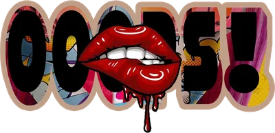 Hình ảnh môi đỏ quyến rũ với hiệu ứng nhỏ giọt máu, phong cách pop art, chữ 'OOPS!' bị che.