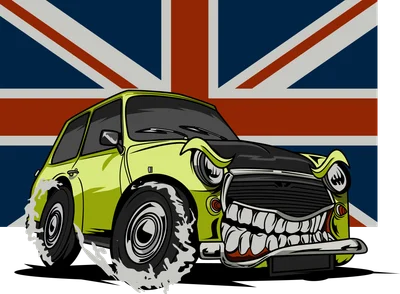 Hình vẽ xe Mini Cooper phong cách hoạt hình với cờ Anh phía sau