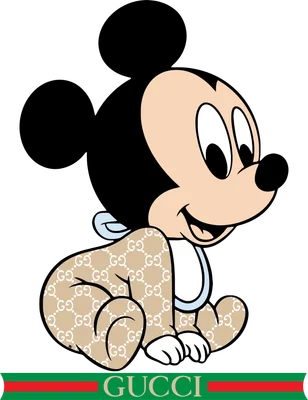 Hình ảnh Mickey Mouse em bé mặc bộ đồ liền thân in họa tiết logo Gucci, ngồi trên nền xám.
