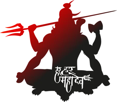 Hình ảnh silhouette Thần Shiva ngồi thiền, cầm đinh ba và rìu, có chữ "हर हर महादेव" màu trắng.