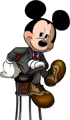 Mickey Mouse hoạt hình mặc vest xám, áo sơ mi xanh, cà vạt đỏ, ngồi trên ghế đẩu với vẻ mặt thân thiện.